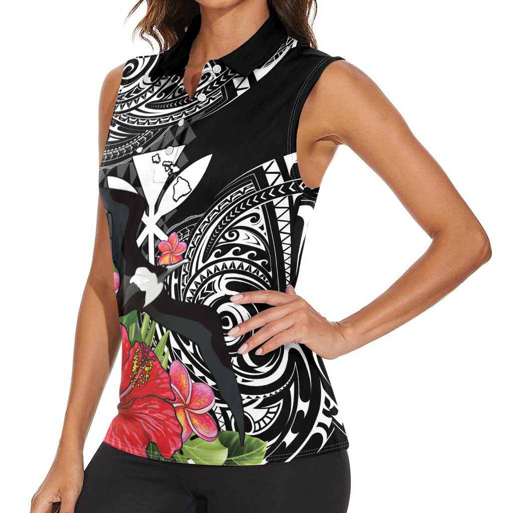Hawaii Iwa Bird Women Sleeveless Polo Shirt Great Frigatebird Kanaka Tropical Flowers - Polynesian Pride