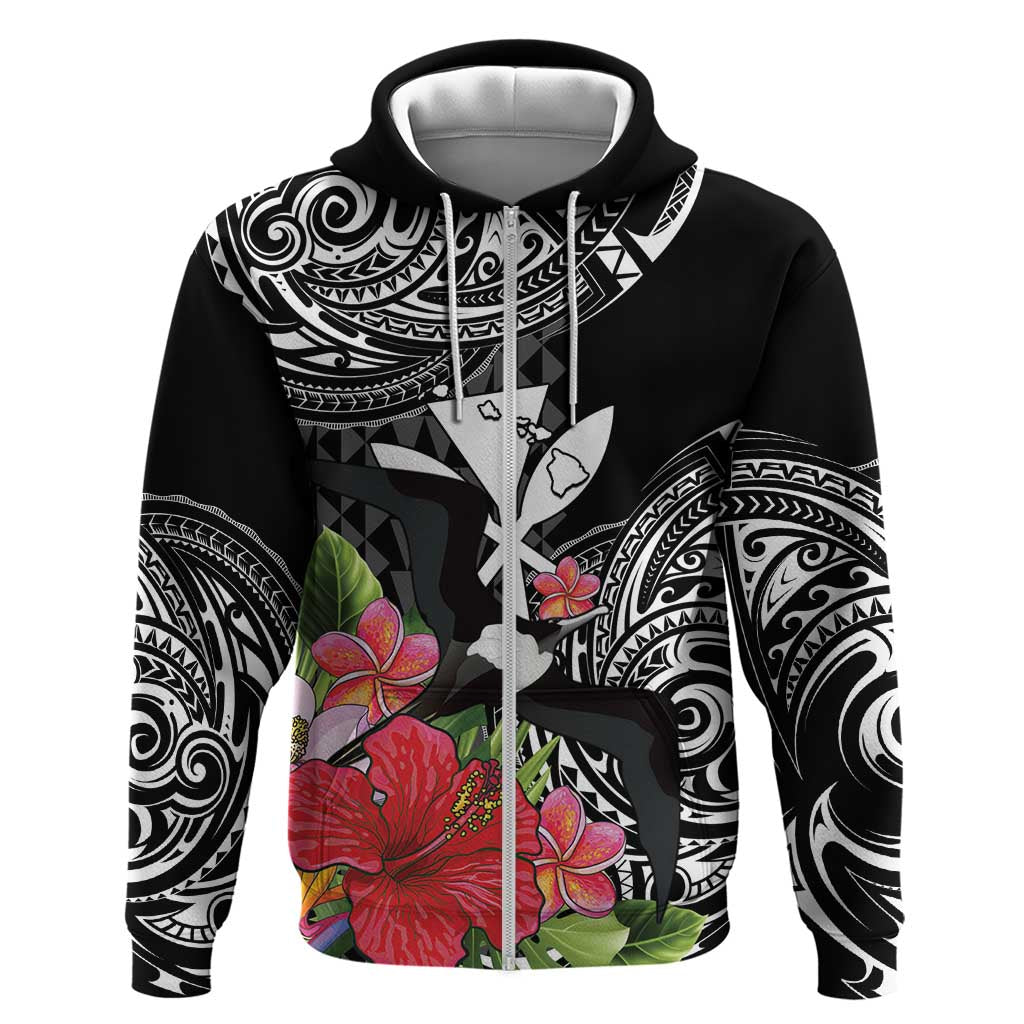 Hawaii Iwa Bird Zip Hoodie Great Frigatebird Kanaka Tropical Flowers - Polynesian Pride