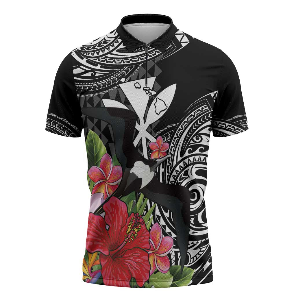 Hawaii Iwa Bird Zipper Polo Shirt Great Frigatebird Kanaka Tropical Flowers - Polynesian Pride