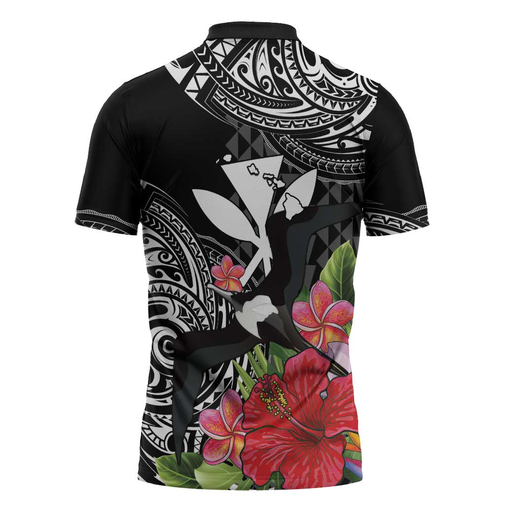 Hawaii Iwa Bird Zipper Polo Shirt Great Frigatebird Kanaka Tropical Flowers - Polynesian Pride