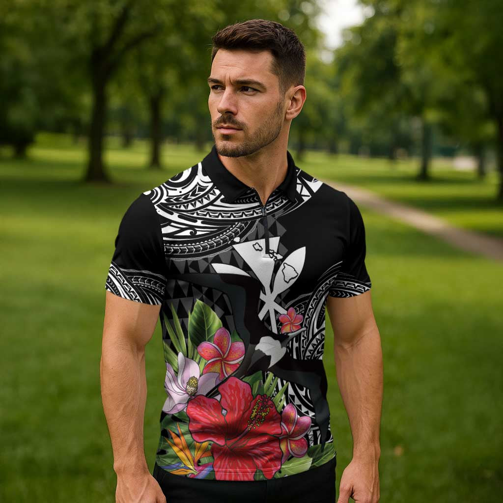 Hawaii Iwa Bird Zipper Polo Shirt Great Frigatebird Kanaka Tropical Flowers - Polynesian Pride