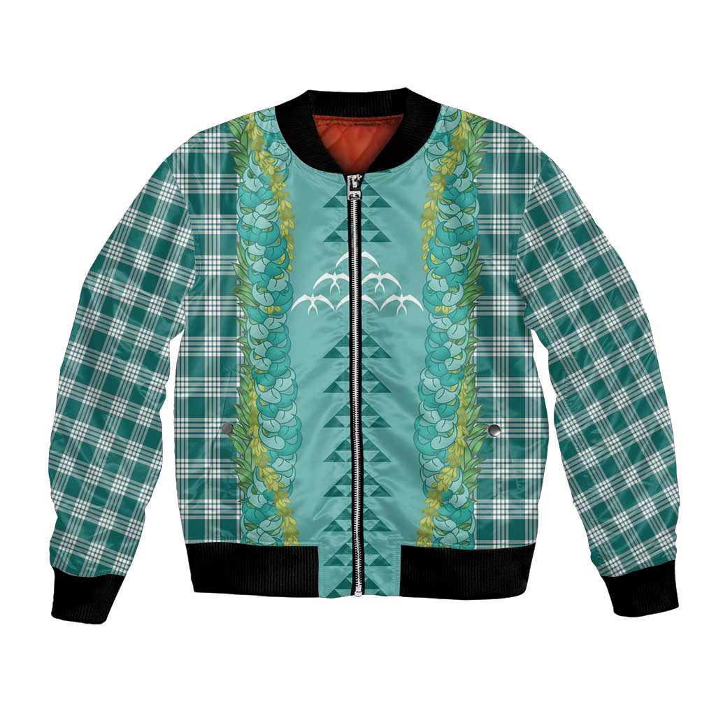Teal Palaka Hawaii Iwa Bird Bomber Jacket Hawaiian Kakau Jade Vine Lei - Polynesian Pride