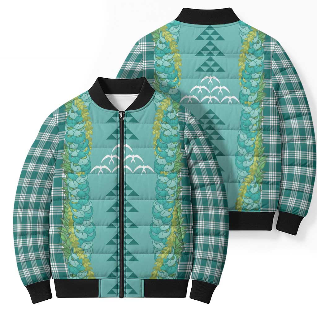 Teal Palaka Hawaii Iwa Bird Bomber Puffer Jacket Hawaiian Kakau Jade Vine Lei - Polynesian Pride