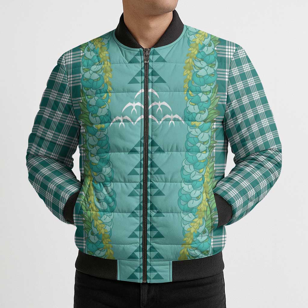 Teal Palaka Hawaii Iwa Bird Bomber Puffer Jacket Hawaiian Kakau Jade Vine Lei - Polynesian Pride