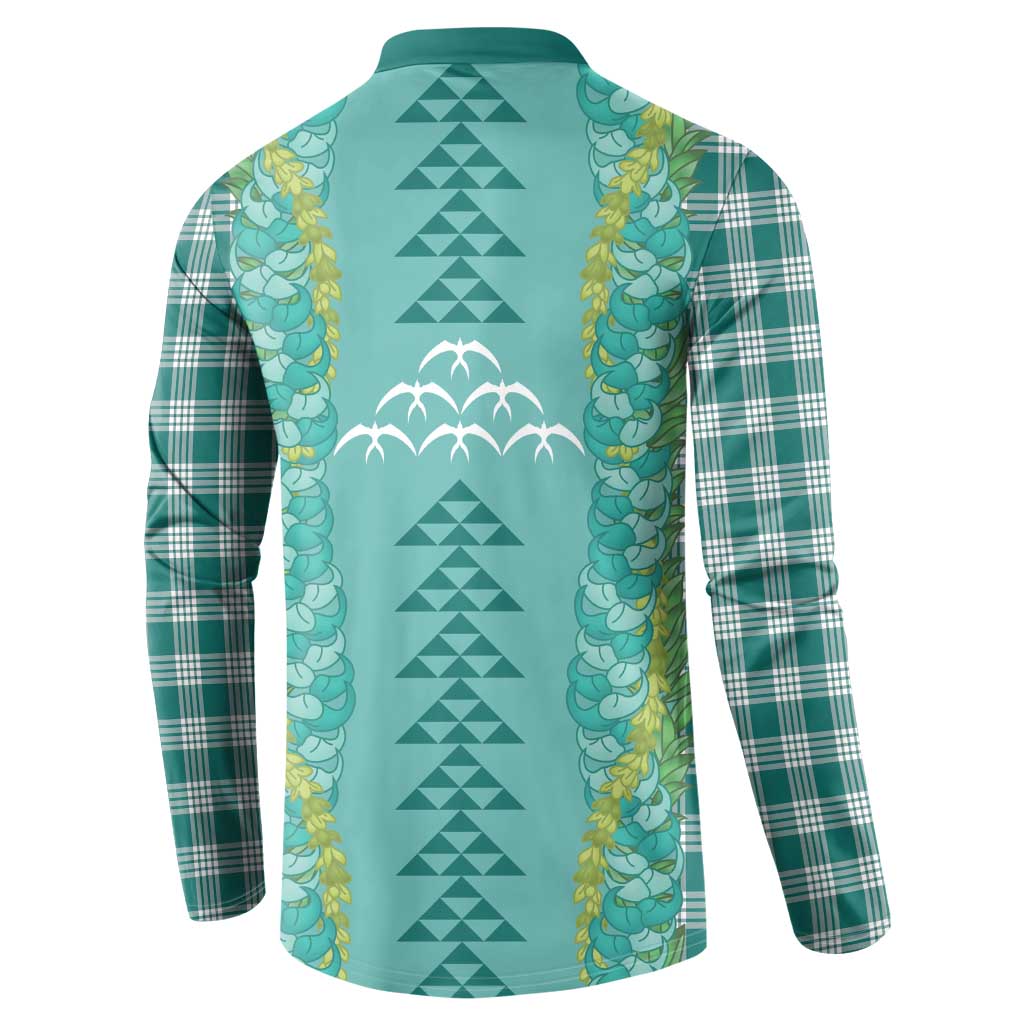 Teal Palaka Hawaii Iwa Bird Button Sweatshirt Hawaiian Kakau Jade Vine Lei - Polynesian Pride