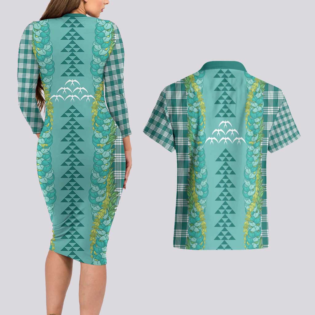 Teal Palaka Hawaii Iwa Bird Couples Matching Long Sleeve Bodycon Dress and Hawaiian Shirt Hawaiian Kakau Jade Vine Lei - Polynesian Pride