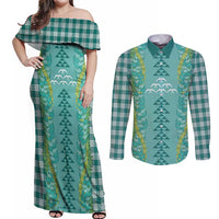 Teal Palaka Hawaii Iwa Bird Couples Matching Off Shoulder Maxi Dress and Long Sleeve Button Shirt Hawaiian Kakau Jade Vine Lei - Polynesian Pride