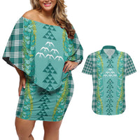 Teal Palaka Hawaii Iwa Bird Couples Matching Off Shoulder Short Dress and Hawaiian Shirt Hawaiian Kakau Jade Vine Lei - Polynesian Pride