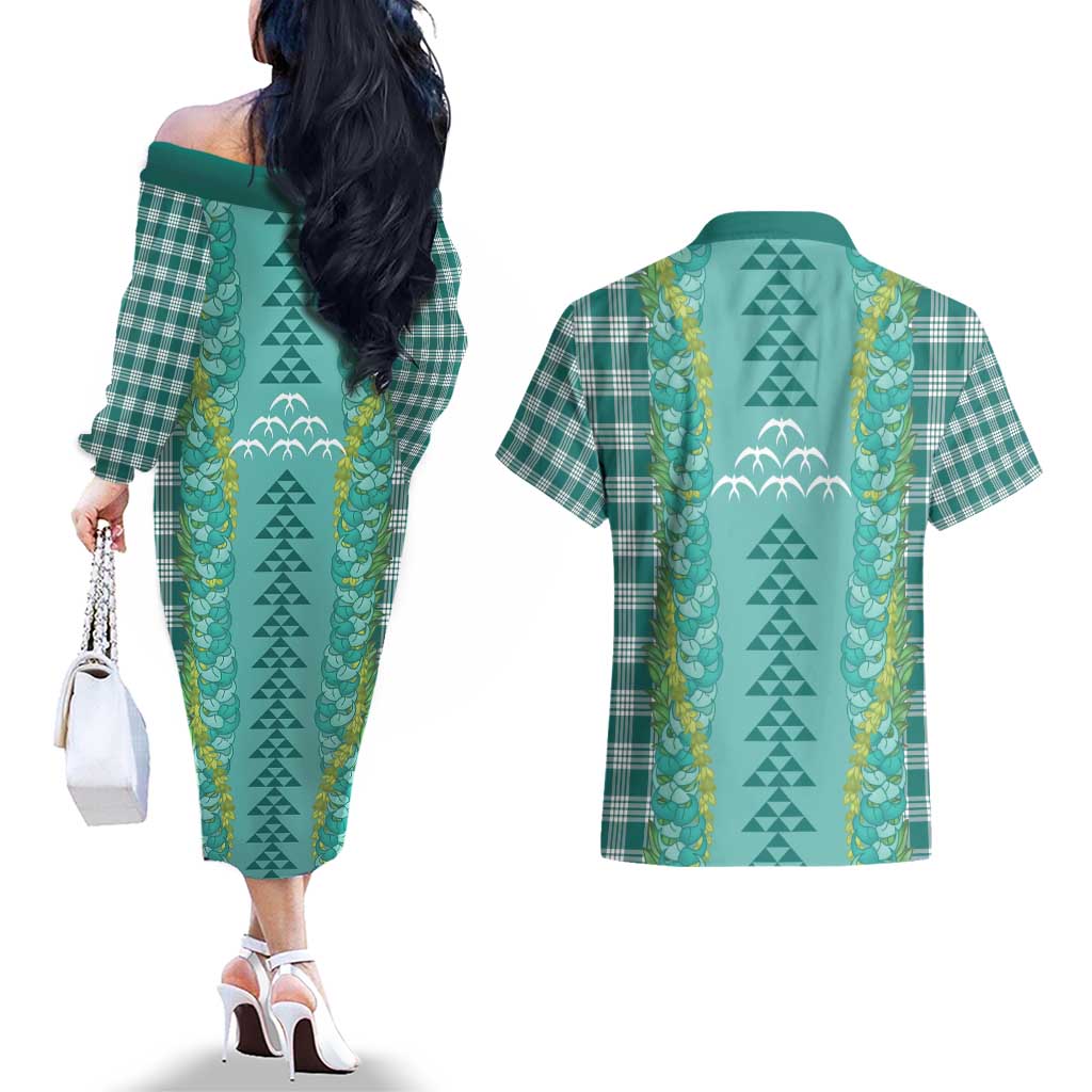 Teal Palaka Hawaii Iwa Bird Couples Matching Off The Shoulder Long Sleeve Dress and Hawaiian Shirt Hawaiian Kakau Jade Vine Lei - Polynesian Pride