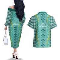 Teal Palaka Hawaii Iwa Bird Couples Matching Off The Shoulder Long Sleeve Dress and Hawaiian Shirt Hawaiian Kakau Jade Vine Lei - Polynesian Pride