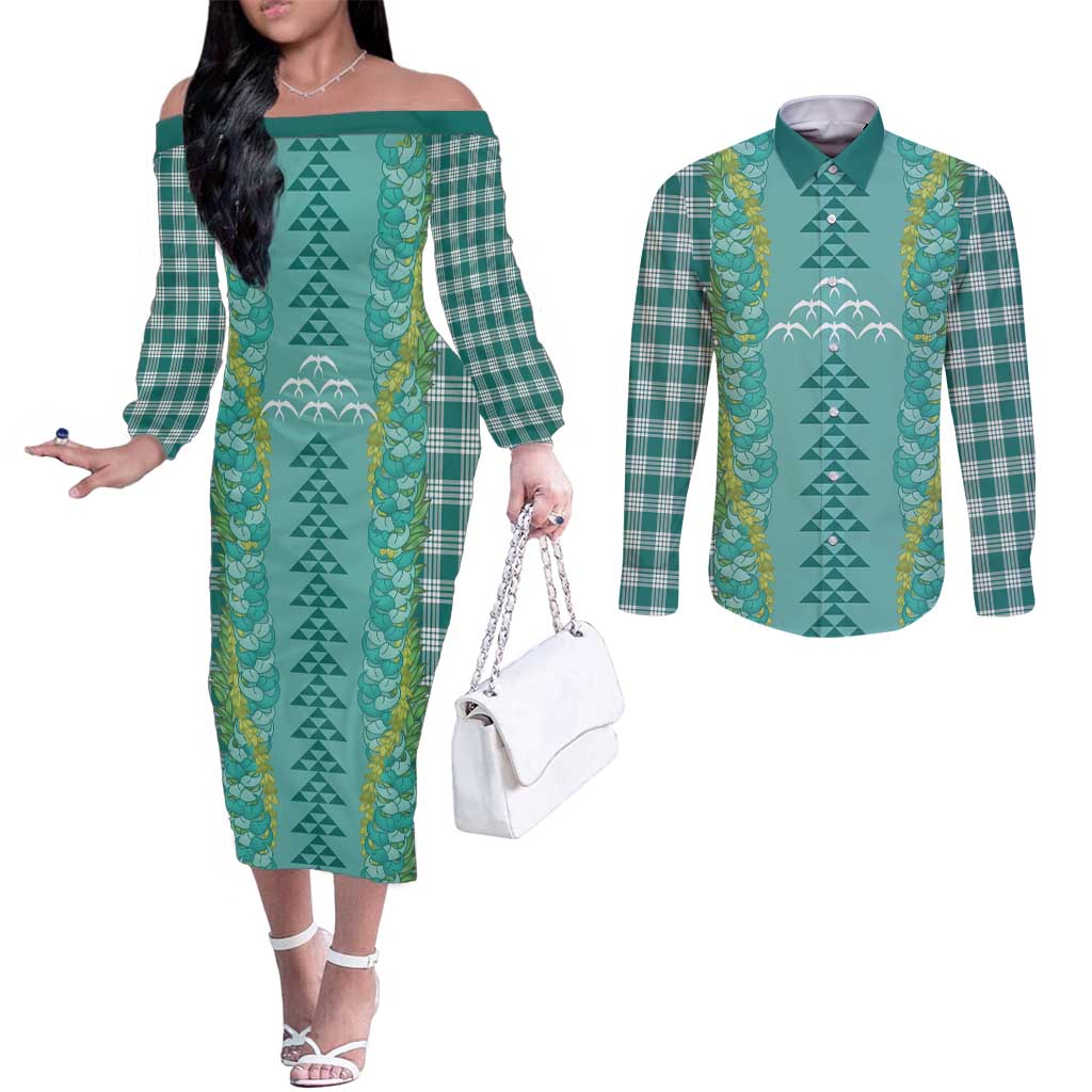 Teal Palaka Hawaii Iwa Bird Couples Matching Off The Shoulder Long Sleeve Dress and Long Sleeve Button Shirt Hawaiian Kakau Jade Vine Lei - Polynesian Pride
