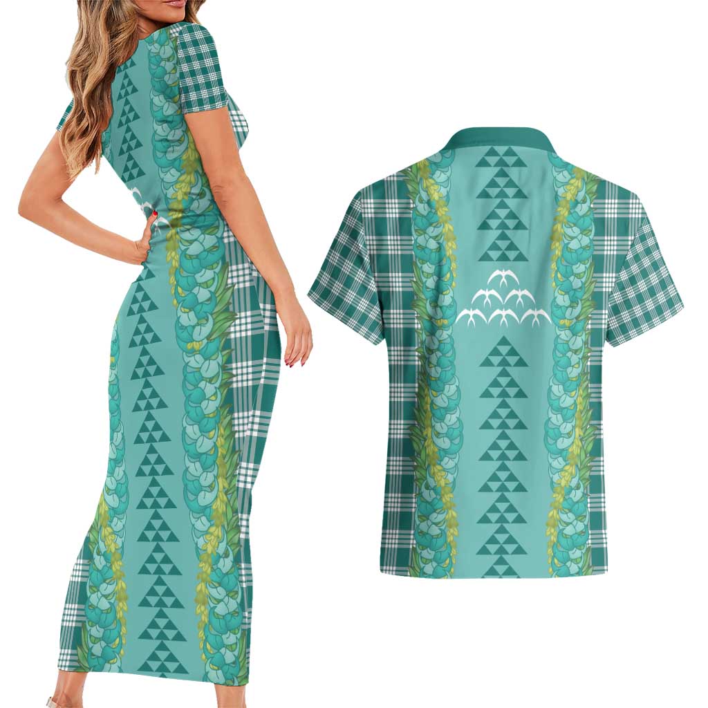 Teal Palaka Hawaii Iwa Bird Couples Matching Short Sleeve Bodycon Dress and Hawaiian Shirt Hawaiian Kakau Jade Vine Lei - Polynesian Pride