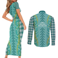 Teal Palaka Hawaii Iwa Bird Couples Matching Short Sleeve Bodycon Dress and Long Sleeve Button Shirt Hawaiian Kakau Jade Vine Lei - Polynesian Pride