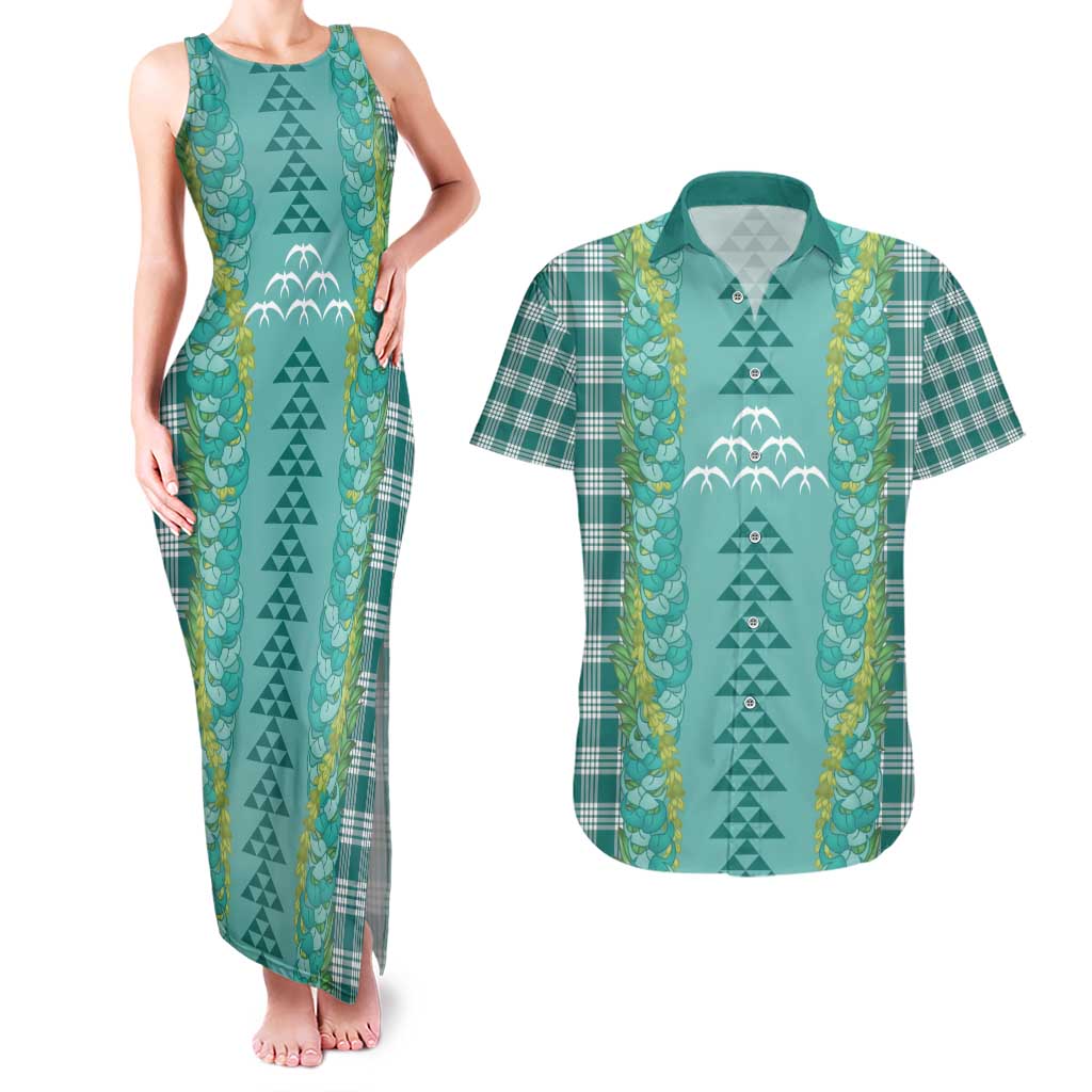 Teal Palaka Hawaii Iwa Bird Couples Matching Tank Maxi Dress and Hawaiian Shirt Hawaiian Kakau Jade Vine Lei - Polynesian Pride
