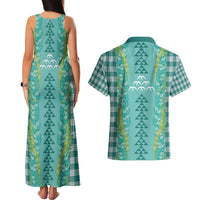 Teal Palaka Hawaii Iwa Bird Couples Matching Tank Maxi Dress and Hawaiian Shirt Hawaiian Kakau Jade Vine Lei - Polynesian Pride