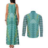 Teal Palaka Hawaii Iwa Bird Couples Matching Tank Maxi Dress and Long Sleeve Button Shirt Hawaiian Kakau Jade Vine Lei - Polynesian Pride