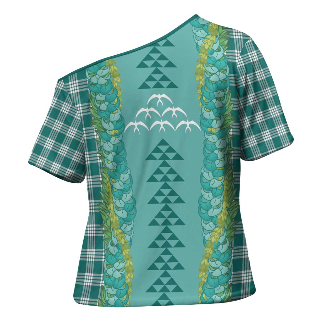 Teal Palaka Hawaii Iwa Bird Cross Shoulder Shirt Hawaiian Kakau Jade Vine Lei - Polynesian Pride