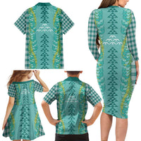 Teal Palaka Hawaii Iwa Bird Family Matching Long Sleeve Bodycon Dress and Hawaiian Shirt Hawaiian Kakau Jade Vine Lei - Polynesian Pride