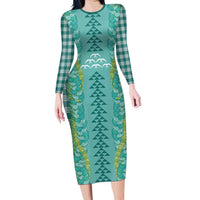 Teal Palaka Hawaii Iwa Bird Family Matching Long Sleeve Bodycon Dress and Hawaiian Shirt Hawaiian Kakau Jade Vine Lei - Polynesian Pride