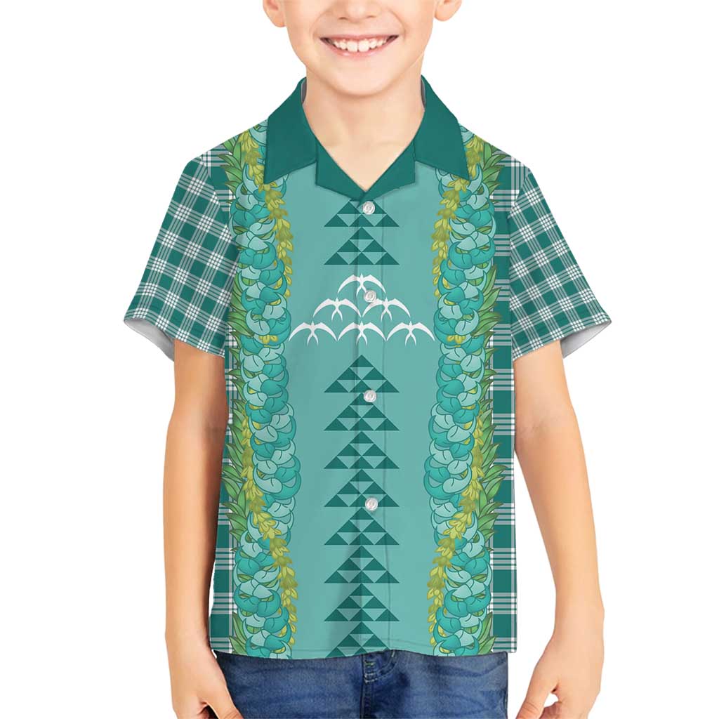 Teal Palaka Hawaii Iwa Bird Family Matching Long Sleeve Bodycon Dress and Hawaiian Shirt Hawaiian Kakau Jade Vine Lei - Polynesian Pride