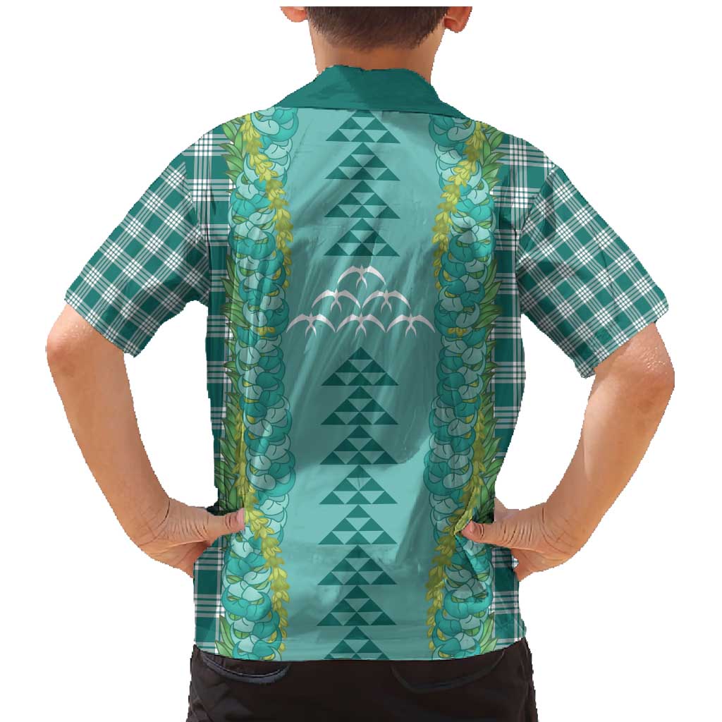 Teal Palaka Hawaii Iwa Bird Family Matching Mermaid Dress and Hawaiian Shirt Hawaiian Kakau Jade Vine Lei - Polynesian Pride
