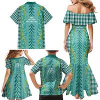 Teal Palaka Hawaii Iwa Bird Family Matching Mermaid Dress and Hawaiian Shirt Hawaiian Kakau Jade Vine Lei - Polynesian Pride
