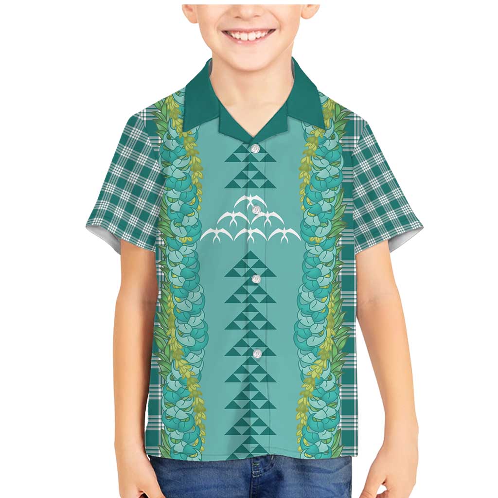 Teal Palaka Hawaii Iwa Bird Family Matching Mermaid Dress and Hawaiian Shirt Hawaiian Kakau Jade Vine Lei - Polynesian Pride