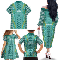 Teal Palaka Hawaii Iwa Bird Family Matching Off The Shoulder Long Sleeve Dress and Hawaiian Shirt Hawaiian Kakau Jade Vine Lei - Polynesian Pride