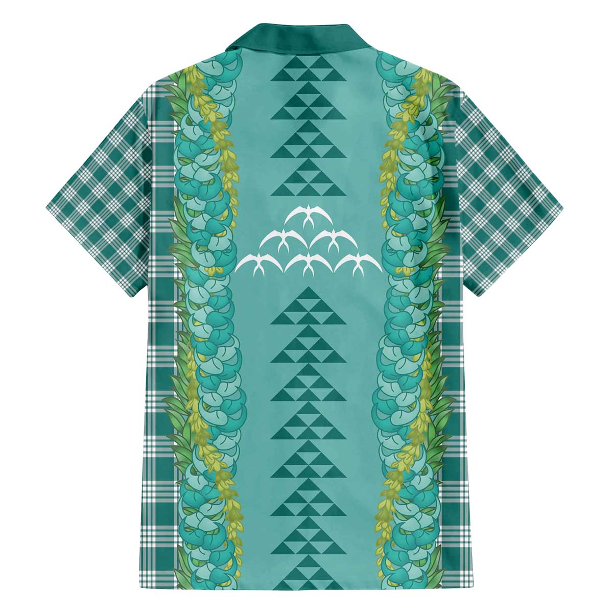 Teal Palaka Hawaii Iwa Bird Family Matching Off The Shoulder Long Sleeve Dress and Hawaiian Shirt Hawaiian Kakau Jade Vine Lei - Polynesian Pride