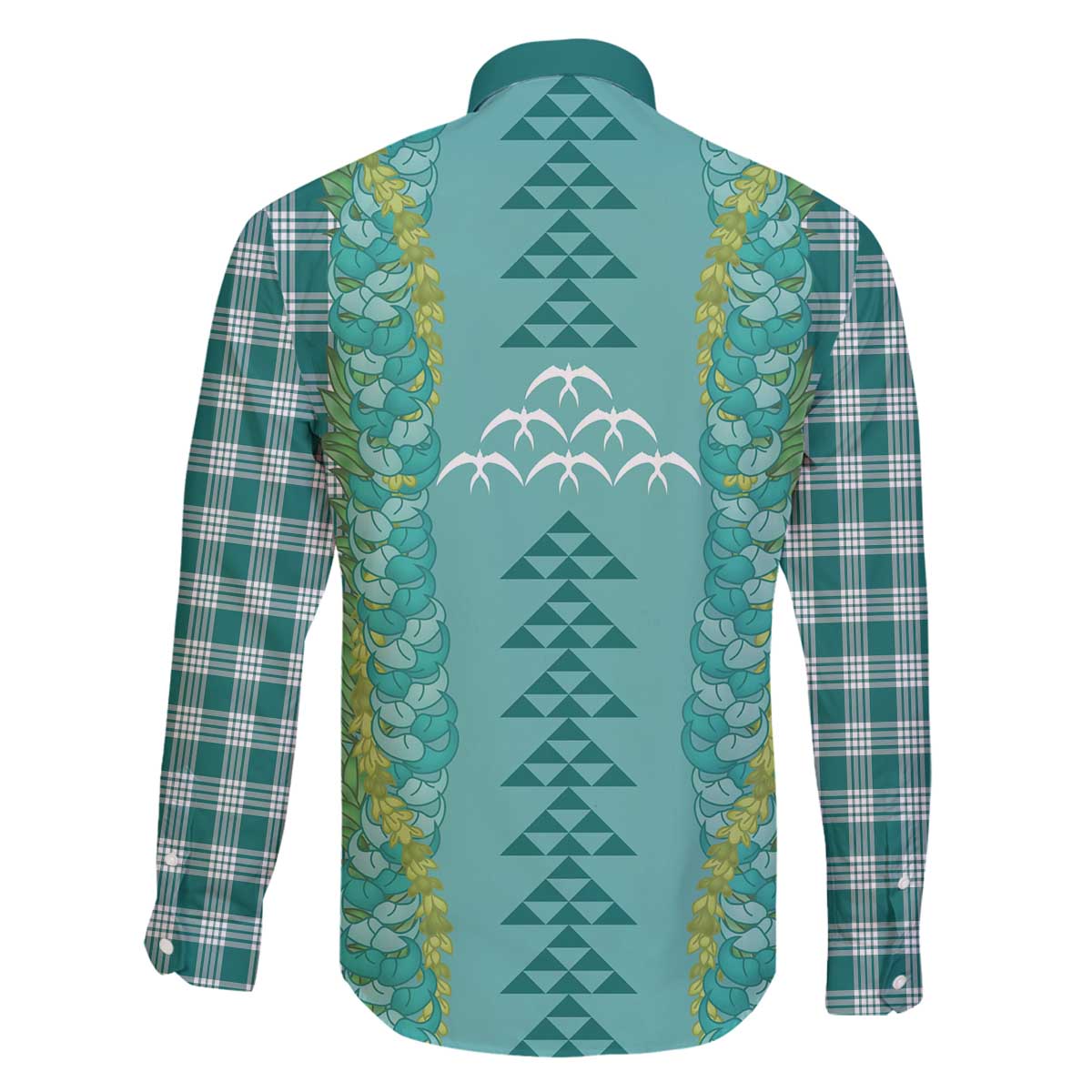 Teal Palaka Hawaii Iwa Bird Family Matching Off The Shoulder Long Sleeve Dress and Hawaiian Shirt Hawaiian Kakau Jade Vine Lei - Polynesian Pride