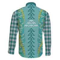 Teal Palaka Hawaii Iwa Bird Family Matching Off The Shoulder Long Sleeve Dress and Hawaiian Shirt Hawaiian Kakau Jade Vine Lei - Polynesian Pride