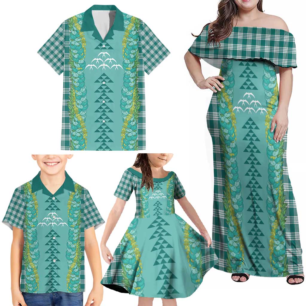 Teal Palaka Hawaii Iwa Bird Family Matching Off Shoulder Maxi Dress and Hawaiian Shirt Hawaiian Kakau Jade Vine Lei - Polynesian Pride