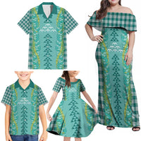 Teal Palaka Hawaii Iwa Bird Family Matching Off Shoulder Maxi Dress and Hawaiian Shirt Hawaiian Kakau Jade Vine Lei - Polynesian Pride