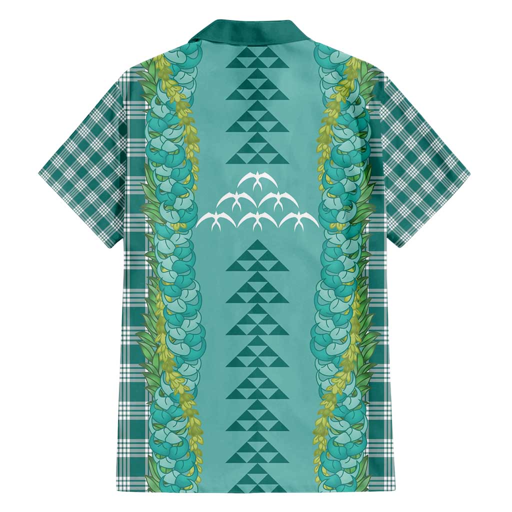 Teal Palaka Hawaii Iwa Bird Family Matching Off Shoulder Short Dress and Hawaiian Shirt Hawaiian Kakau Jade Vine Lei - Polynesian Pride