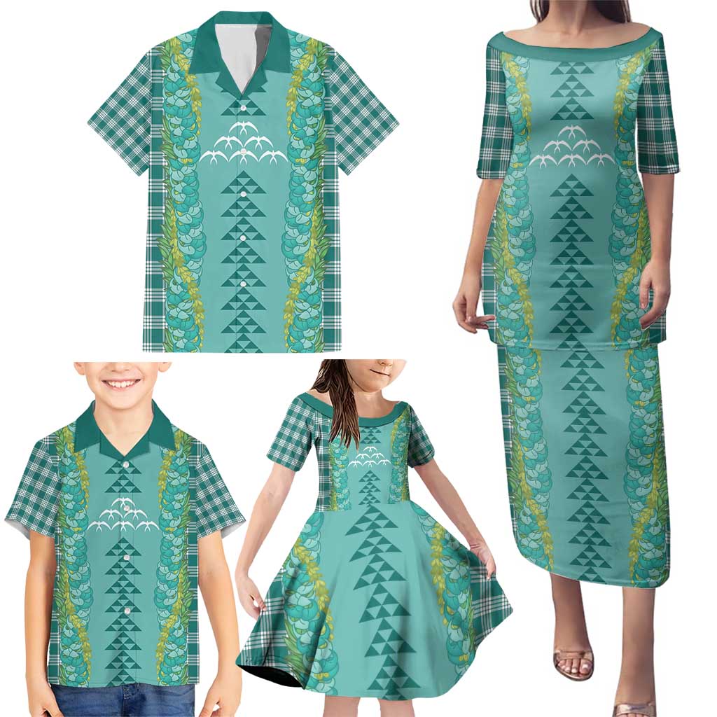 Teal Palaka Hawaii Iwa Bird Family Matching Puletasi and Hawaiian Shirt Hawaiian Kakau Jade Vine Lei - Polynesian Pride