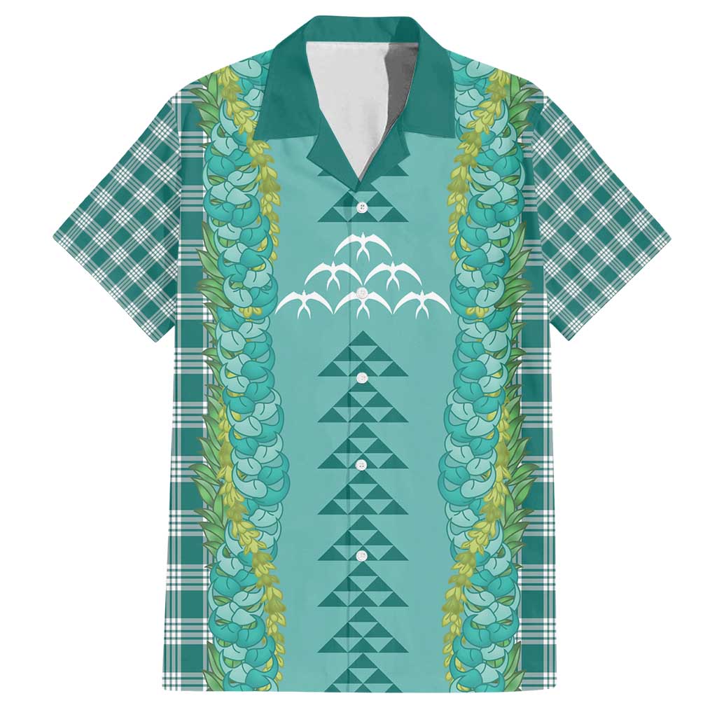 Teal Palaka Hawaii Iwa Bird Family Matching Puletasi and Hawaiian Shirt Hawaiian Kakau Jade Vine Lei - Polynesian Pride