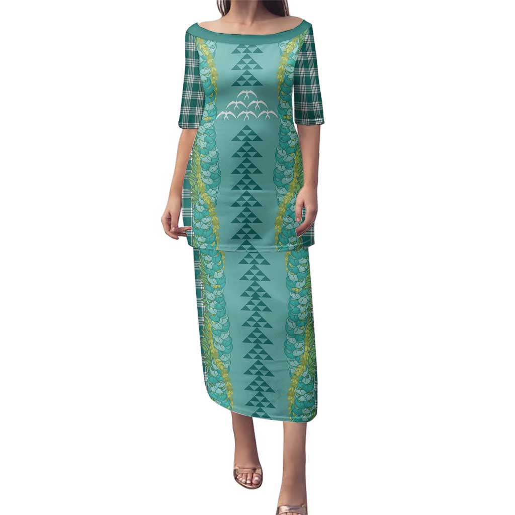 Teal Palaka Hawaii Iwa Bird Family Matching Puletasi and Hawaiian Shirt Hawaiian Kakau Jade Vine Lei - Polynesian Pride