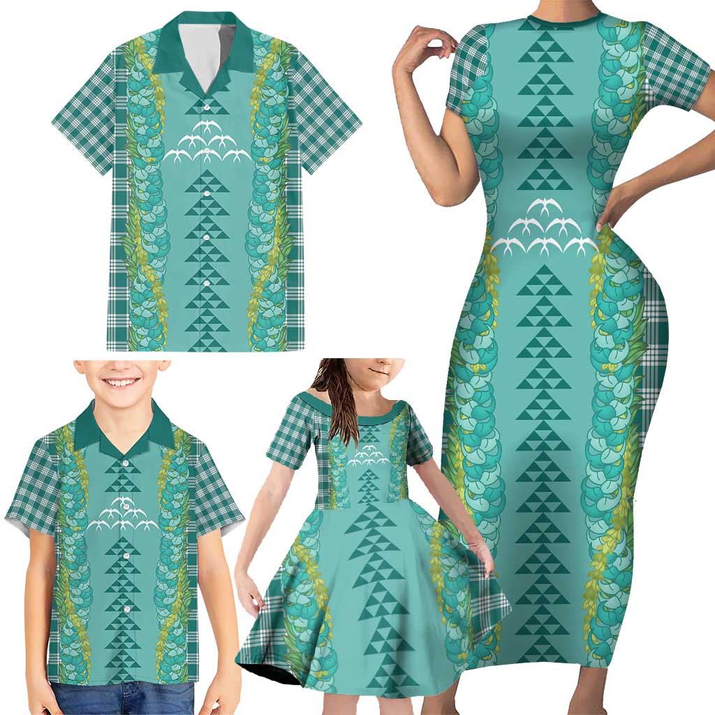 Teal Palaka Hawaii Iwa Bird Family Matching Short Sleeve Bodycon Dress and Hawaiian Shirt Hawaiian Kakau Jade Vine Lei - Polynesian Pride
