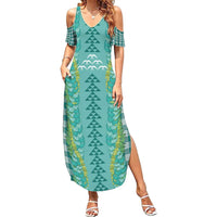 Teal Palaka Hawaii Iwa Bird Family Matching Summer Maxi Dress and Hawaiian Shirt Hawaiian Kakau Jade Vine Lei - Polynesian Pride