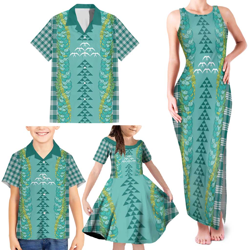 Teal Palaka Hawaii Iwa Bird Family Matching Tank Maxi Dress and Hawaiian Shirt Hawaiian Kakau Jade Vine Lei - Polynesian Pride