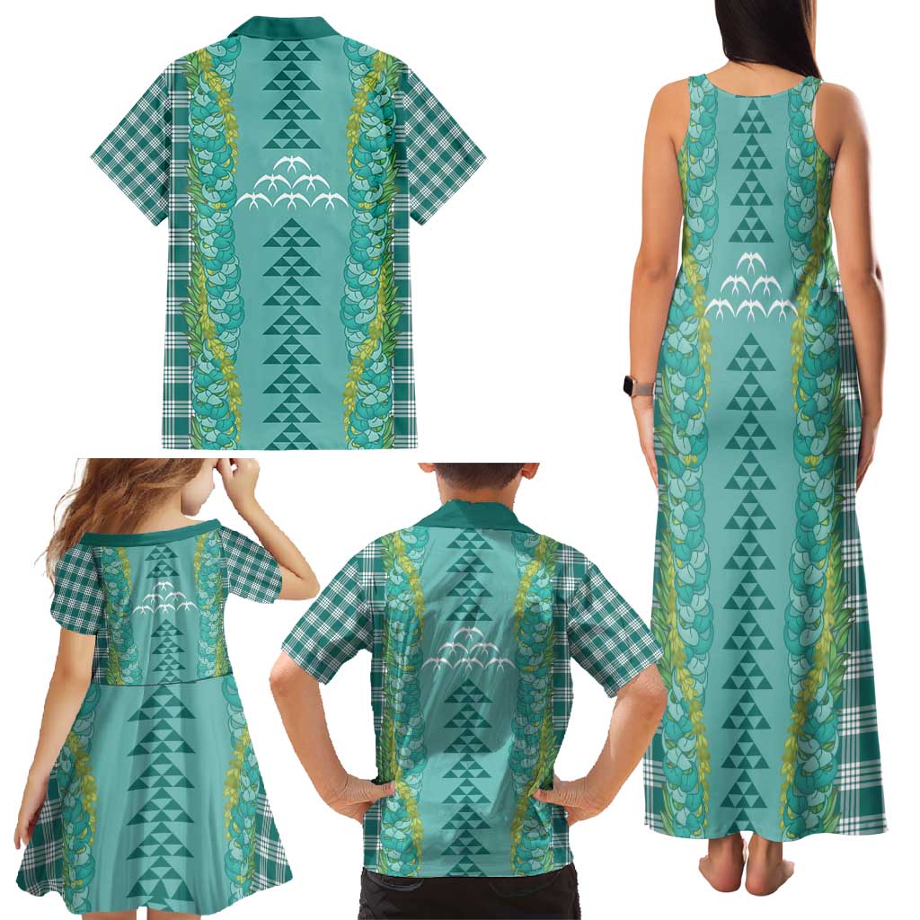 Teal Palaka Hawaii Iwa Bird Family Matching Tank Maxi Dress and Hawaiian Shirt Hawaiian Kakau Jade Vine Lei - Polynesian Pride