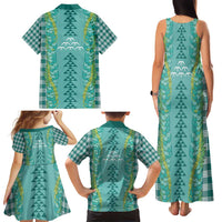 Teal Palaka Hawaii Iwa Bird Family Matching Tank Maxi Dress and Hawaiian Shirt Hawaiian Kakau Jade Vine Lei - Polynesian Pride