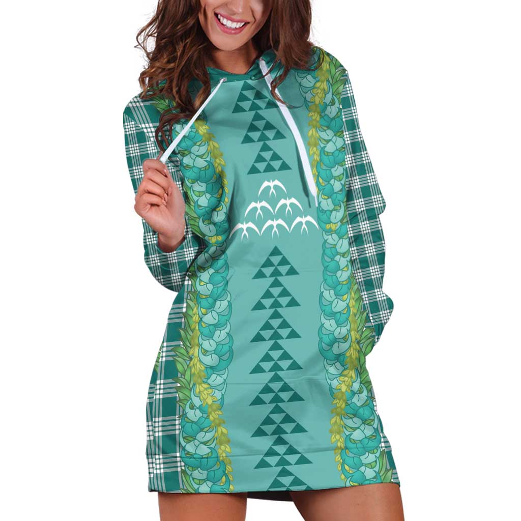 Teal Palaka Hawaii Iwa Bird Hoodie Dress Hawaiian Kakau Jade Vine Lei - Polynesian Pride