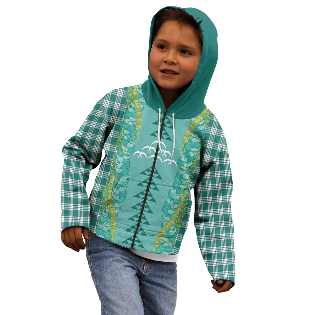 Teal Palaka Hawaii Iwa Bird Kid Hoodie Hawaiian Kakau Jade Vine Lei - Polynesian Pride