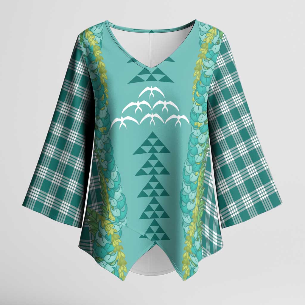 Teal Palaka Hawaii Iwa Bird Kimono Sleeve Blouse Hawaiian Kakau Jade Vine Lei - Polynesian Pride
