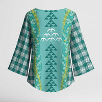 Teal Palaka Hawaii Iwa Bird Kimono Sleeve Blouse Hawaiian Kakau Jade Vine Lei - Polynesian Pride