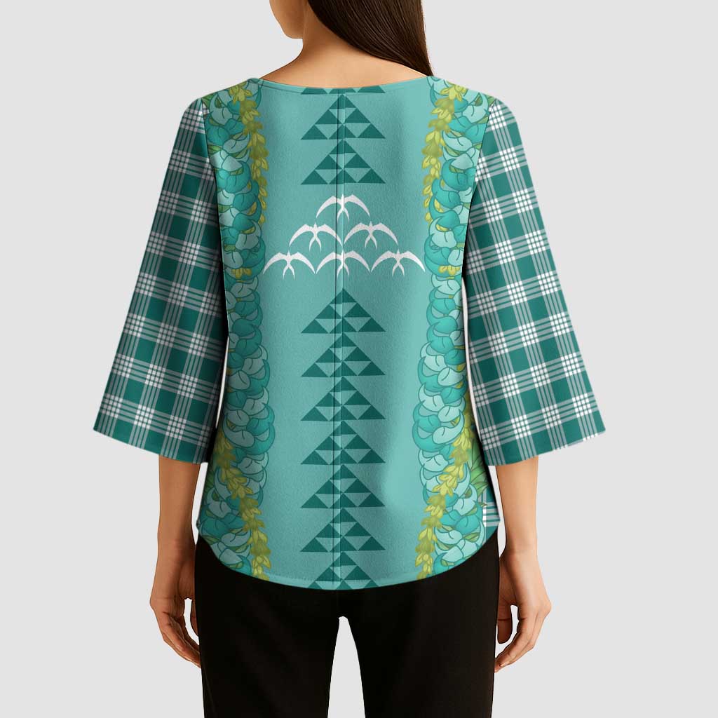Teal Palaka Hawaii Iwa Bird Kimono Sleeve Blouse Hawaiian Kakau Jade Vine Lei - Polynesian Pride