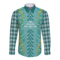 Teal Palaka Hawaii Iwa Bird Long Sleeve Button Shirt Hawaiian Kakau Jade Vine Lei - Polynesian Pride