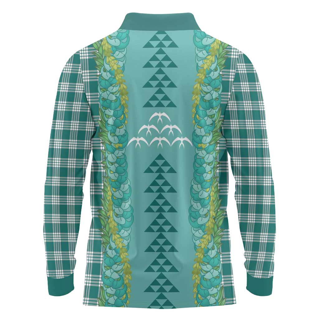 Teal Palaka Hawaii Iwa Bird Long Sleeve Polo Shirt Hawaiian Kakau Jade Vine Lei - Polynesian Pride