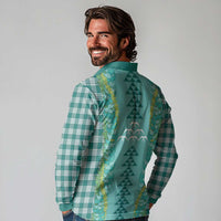 Teal Palaka Hawaii Iwa Bird Long Sleeve Polo Shirt Hawaiian Kakau Jade Vine Lei - Polynesian Pride